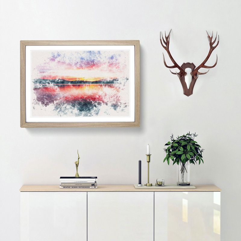 Sunset over Lake Windermere - Picture Frame Graphic Art Print, 33cm H x 45cm W x 2cm D, Oak Framed