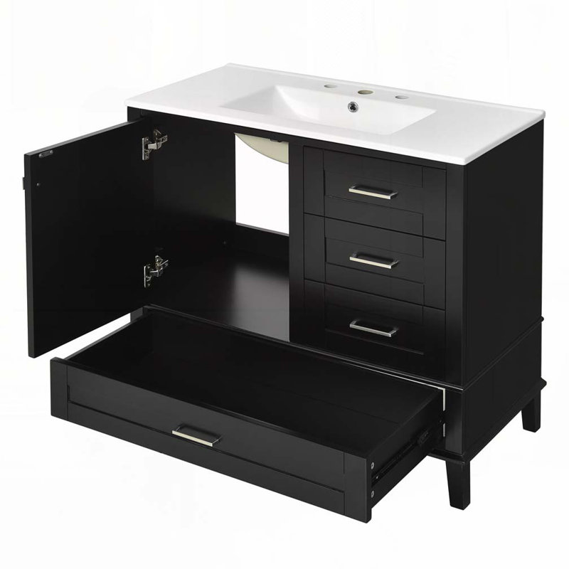 Meuble-lavabo moderne 36 po avec cadre en pin massif, 1 porte à fermeture douce et 3 tiroirs, armoire de rangement moderne