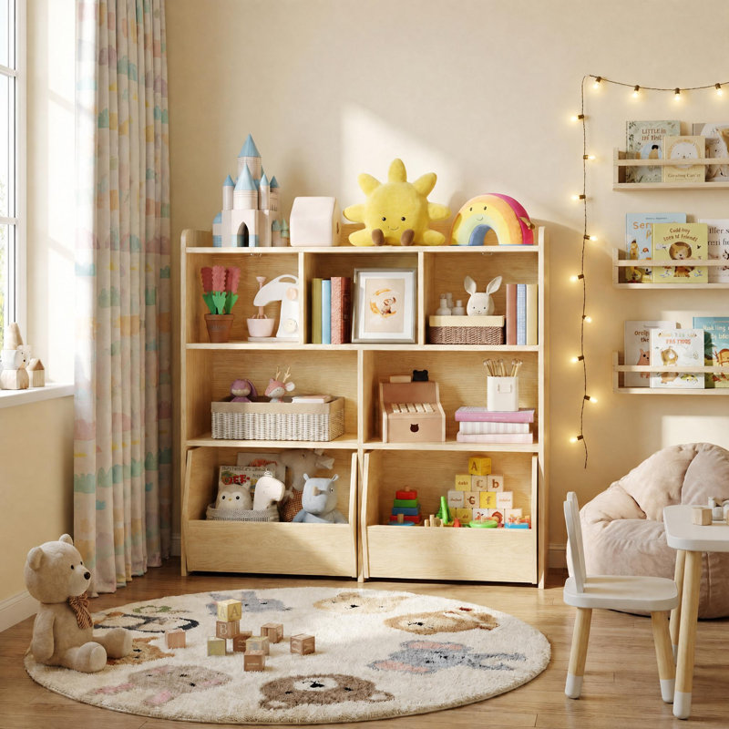 Organisateur de rangement pour enfants avec 5 casiers et 3 tiroirs roulants, bibliothèque 2-en-1 avec ensemble anti-basculement pour salle de jeux et chambre de bébé, naturel