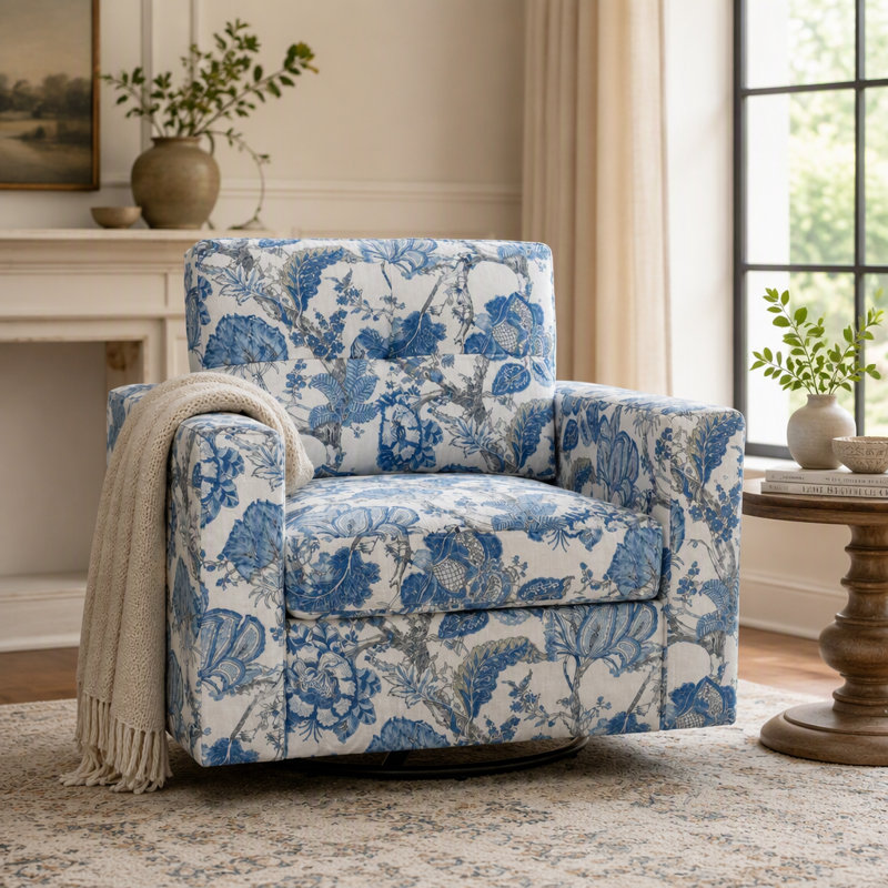 Floral Upholstery Degree Rotation Single Sofa Chair for Living Room, Bedroom, Office