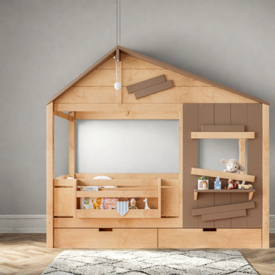 Lits jumeaux de style ferme avec rangement, structure de cabane en bois MDF et pin pour enfants