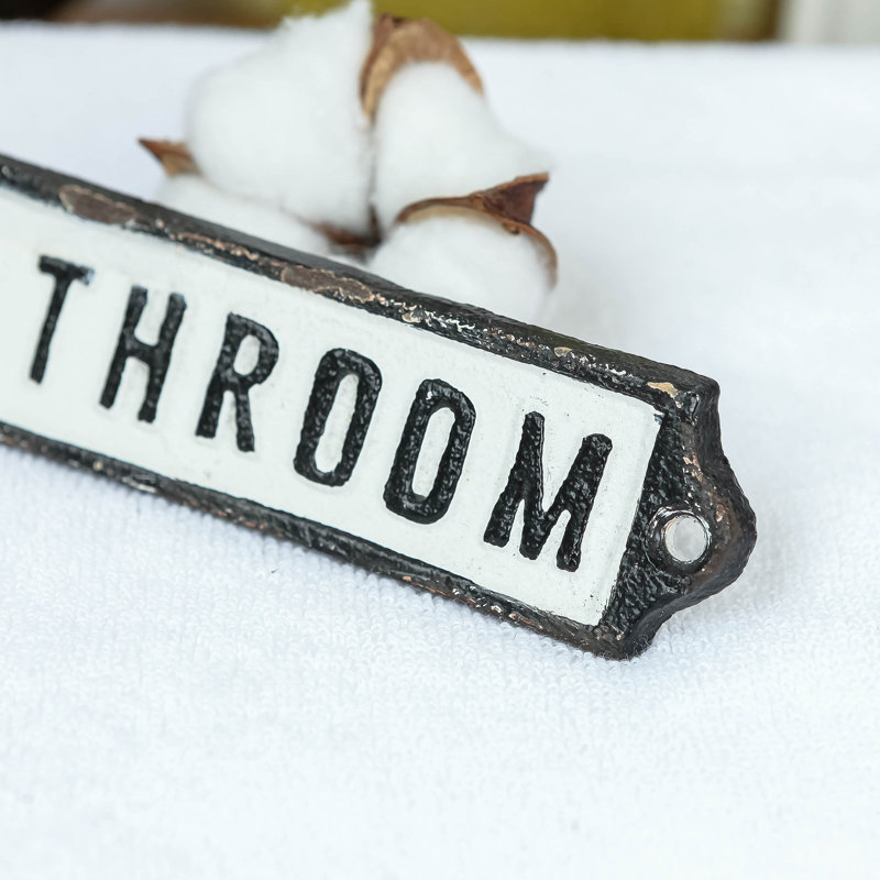 Cast Iron Bathroom Door Sign, White/Black Text, 1.38" H x 5.91" W x 0.2" D