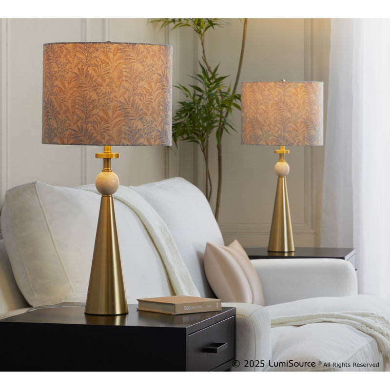 Lampe de table contemporaine, Tissu, métal, pierre, Or, brun clair, H 27,5 po x l 13 po x P 13 po