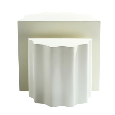 2Pcs Fiberglass Coffee Table, Soft Wavy Edges, Elegant Beige, No Assembly, 22.35 In Depth, For Small Spaces End Table , Minimalist And Elegant, 20.39 High, Living Room Center