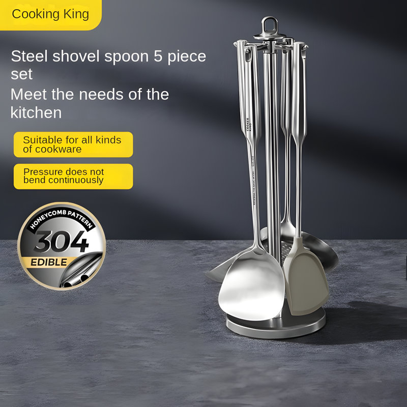 Ensemble d'ustensiles de cuisine 5 pièces en acier inoxydable avec têtes en silicone et support de rangement pour cuisiner et servir