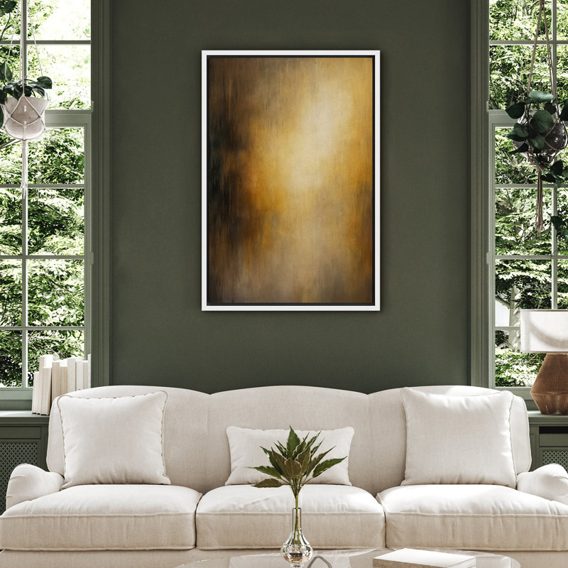 Art mural encadré, reproduction d'art abstrait brun et doré pour le salon, H 24 po x l 16 po, Blanc, Cadre flottant
