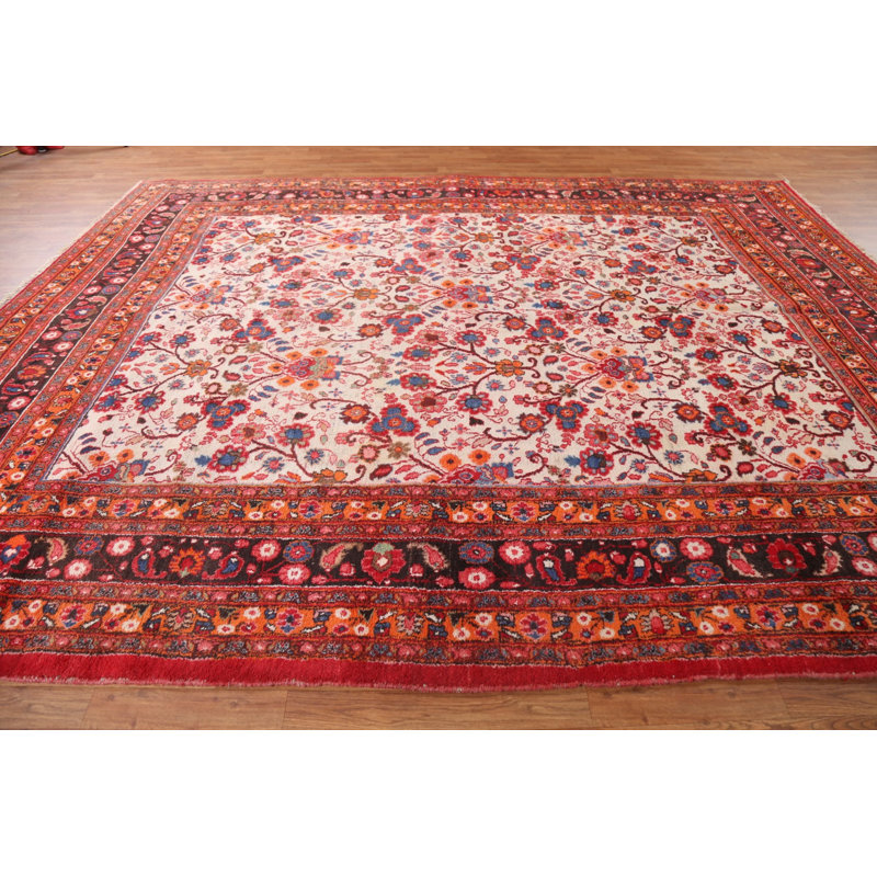 Tapis rectangulaire unique en laine noué à la main de style années 1950 de 9 pi 3 po x 12 pi 1 po Lenea