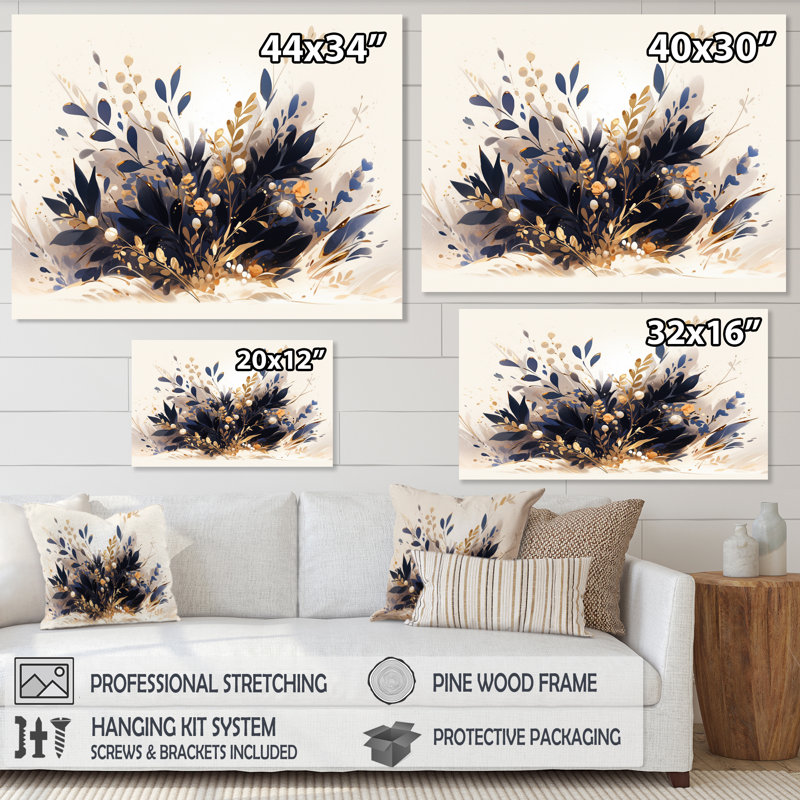 «Blue Gold Herbs Garden I» sur toile, Encadrement doré, H 24 po x l 32 po x P 1 po