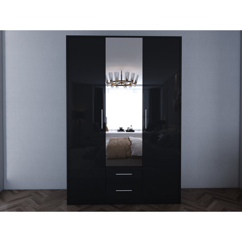 Pamel 3 Door Manufactured Wood Wardrobe, 199 H x 120 W x 58 D cm, Gloss Black