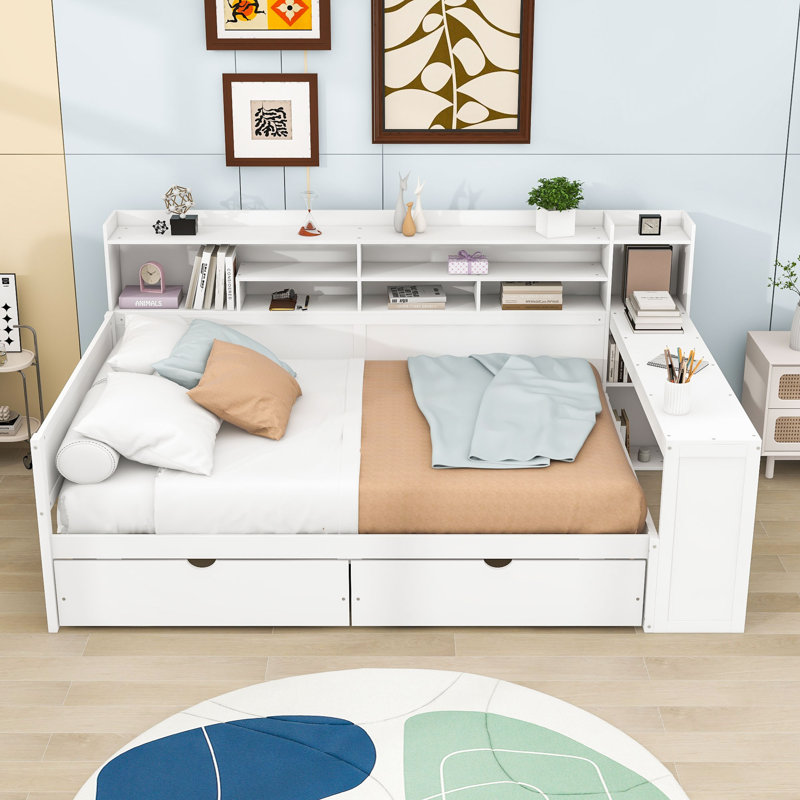 Alameda Wooden Daybed with Storage Shelves, 2 Drawers,Built-in Study Desk, Antique White, Full