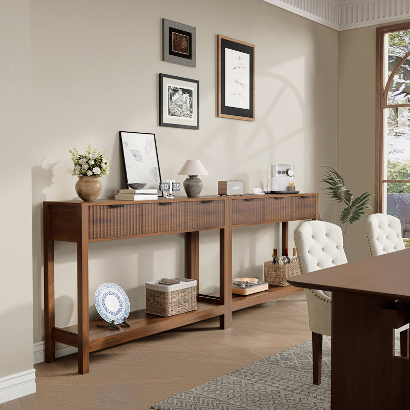 Set of 2 Modern Console Table With Storage, Small Wood Entryway Table Set For Living Room, 11.8"D X 43.3"W X 31.5"H, Walnut