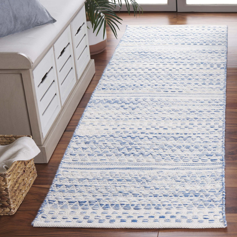 Kilim Hand Woven Wool/Cotton Geometric Rug in Ivory/Blue, Runner 2'3" x 8'