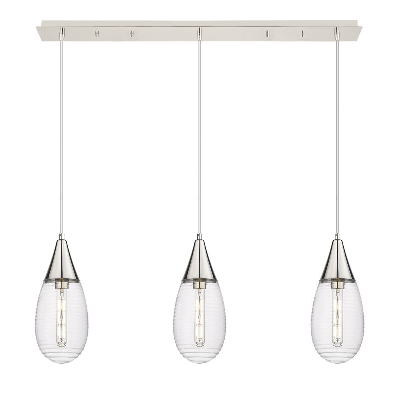 Luminaire suspendu pour îlot de cuisine 3 lumières Rafael, Rayé transparent, Nickel poli