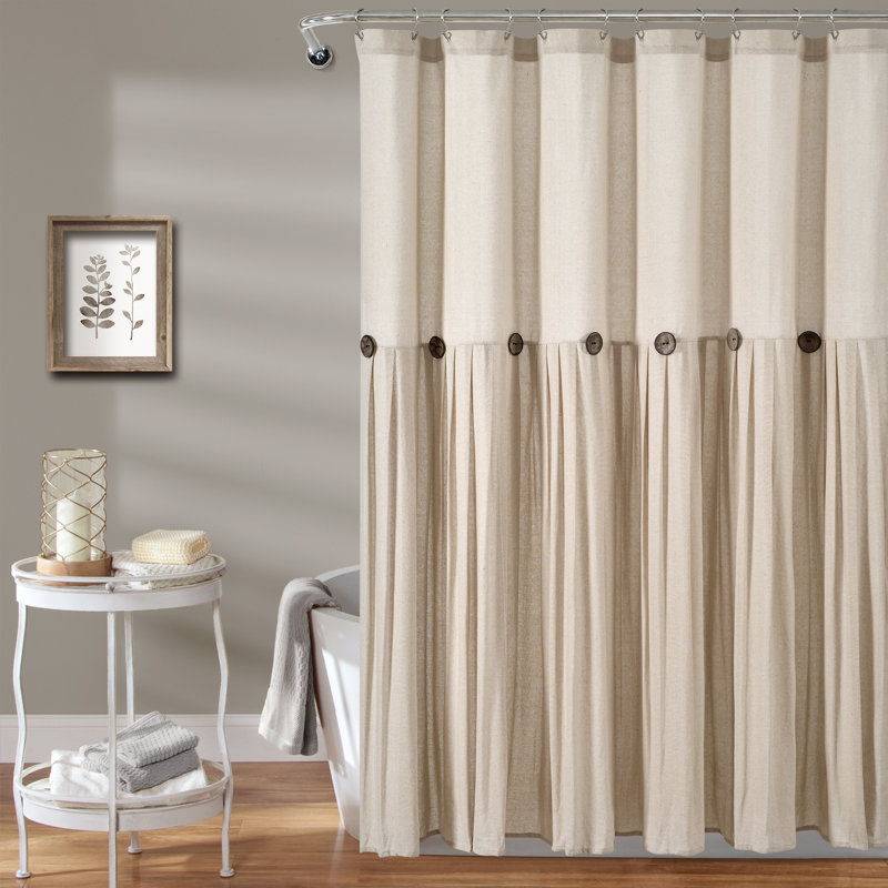 Dark Linen Cotton Shower Curtain with Button Details, 72" x 72"