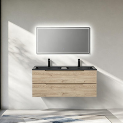 Ensemble meuble-lavabo suspendu double vasque de 122 cm (48 po) avec lavabos noirs, meuble sous-lavabo contemporain Evita en chêne avec rangement dissimulé