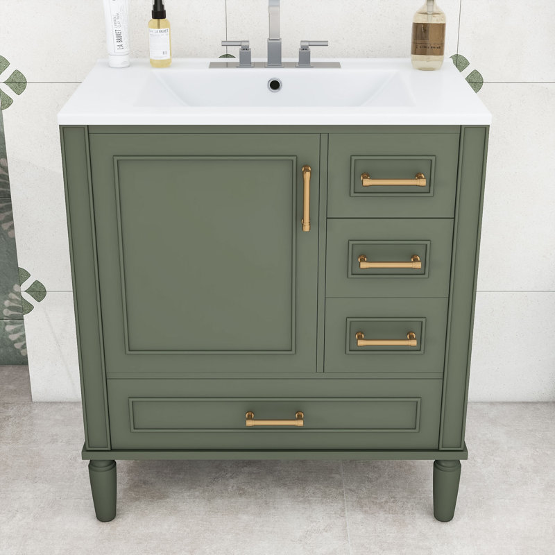 Meuble-lavabo de salle de bain avec lavabo en céramique, tiroirs à fermeture en douceur et porte, Vert olive