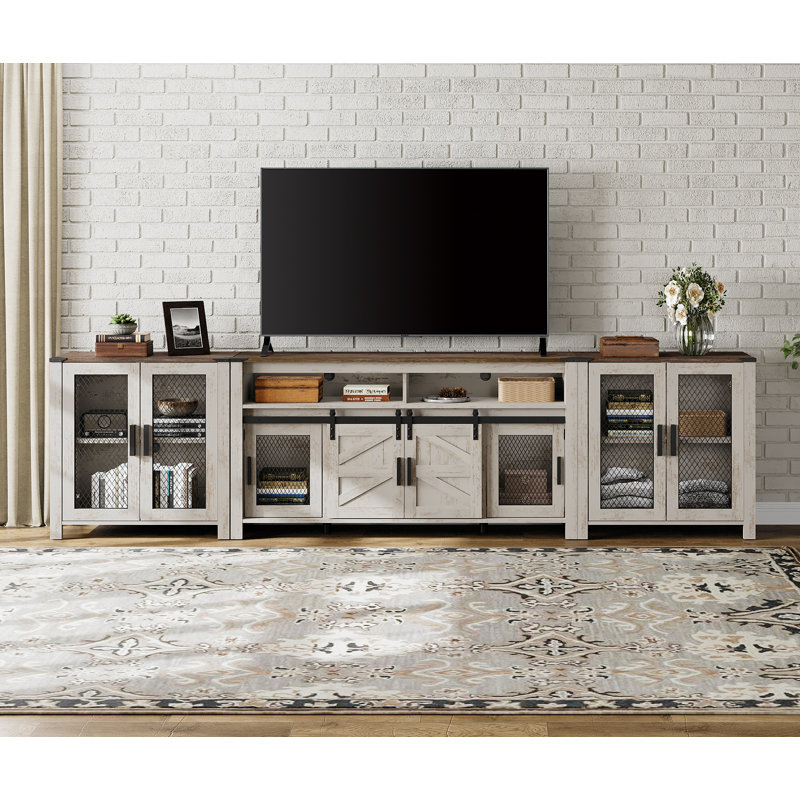 Capresha Entertainment Center for TVs up to 88" with Sliding Barn Doors, White/Oak