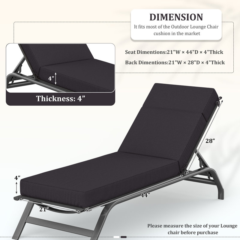 Coussin de chaise longue d'extérieur - Résistant aux intempéries, réversible, confort moelleux, L 21 po x P 72 po, Gris