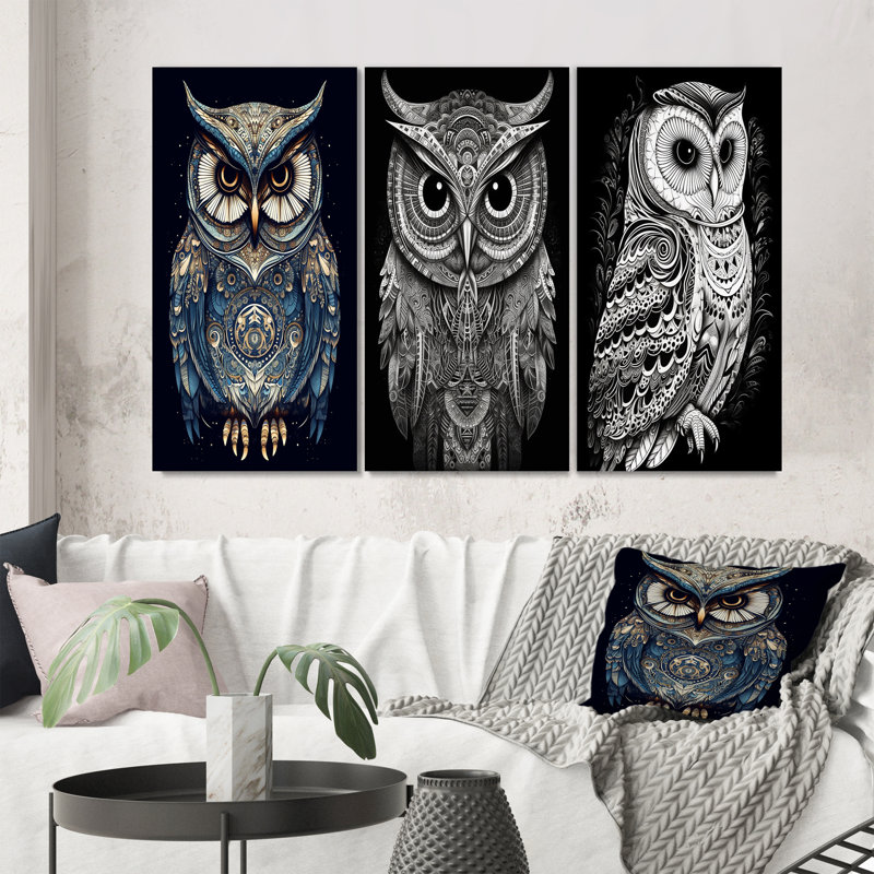 «White Owl Magic», 3 pièces sur toile, Toile tendue, H 32 po x l 48 po