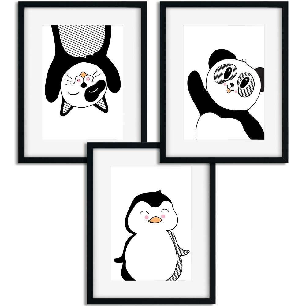 3-tlg. Set Gerahmte Wanddekoration Pinguin und Katze