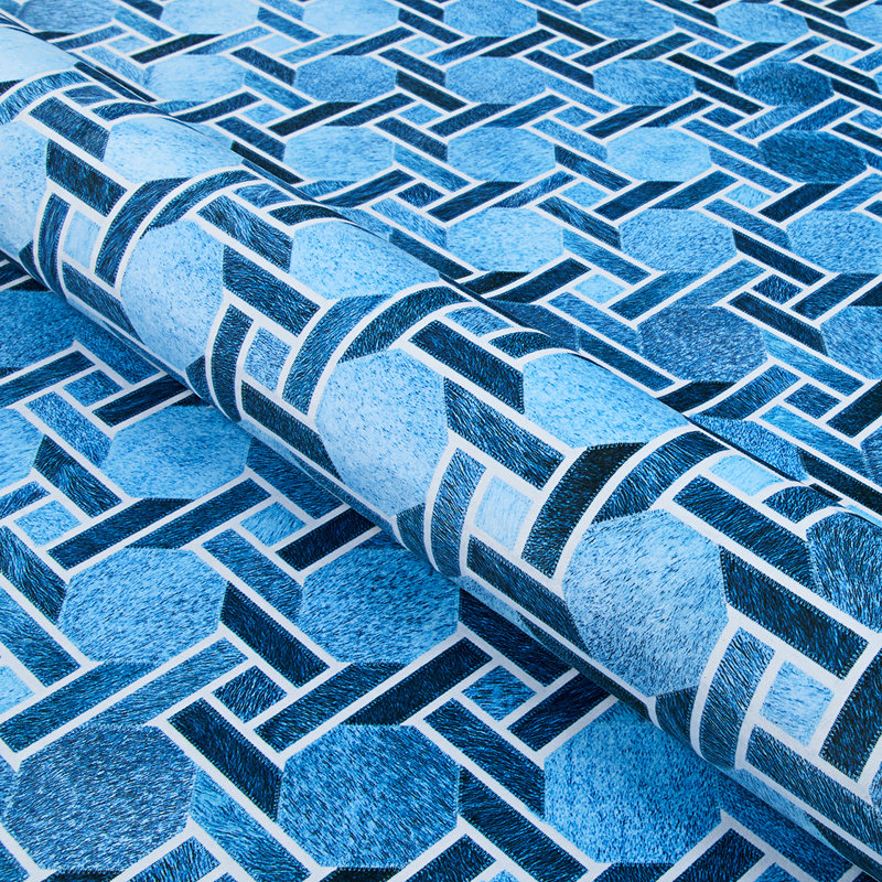 Tapis bleu à motif géométrique, Rectangle 2 pi x 3 pi 7 po