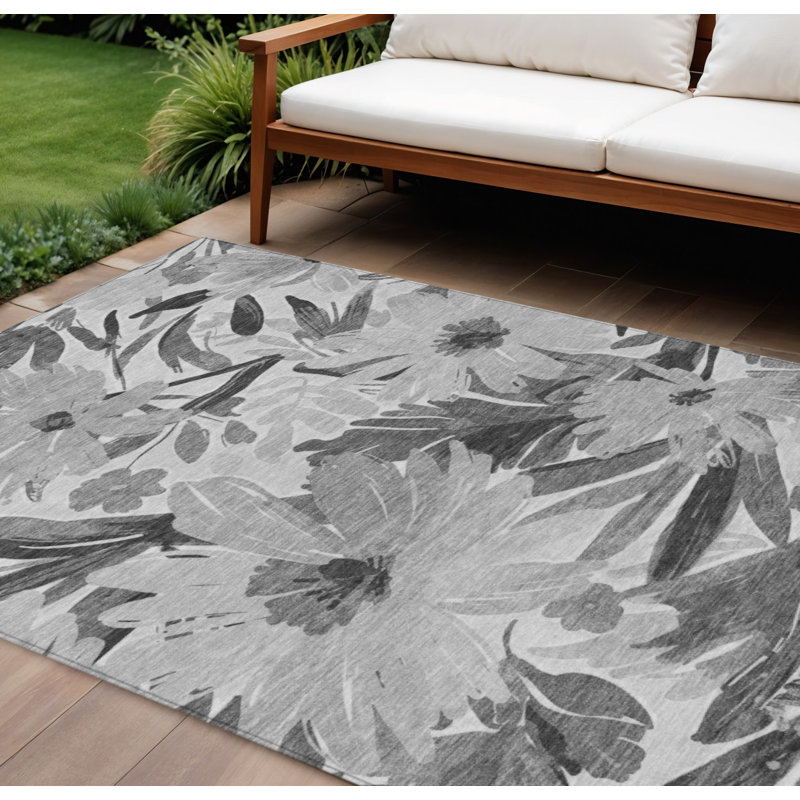 Tapis extérieur lavable floral gris et gris anthracite 8 pi x 10 pi