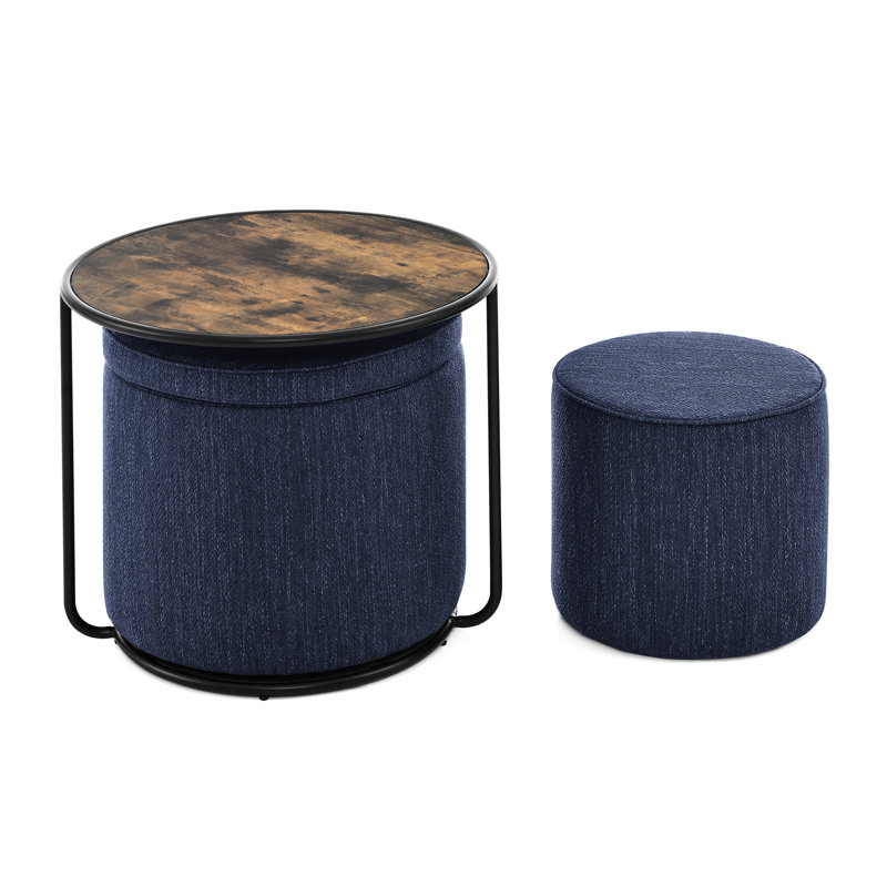 Functional Table In Dark Blue With Storage And Transportable End Multi-Purpose Movable Stool