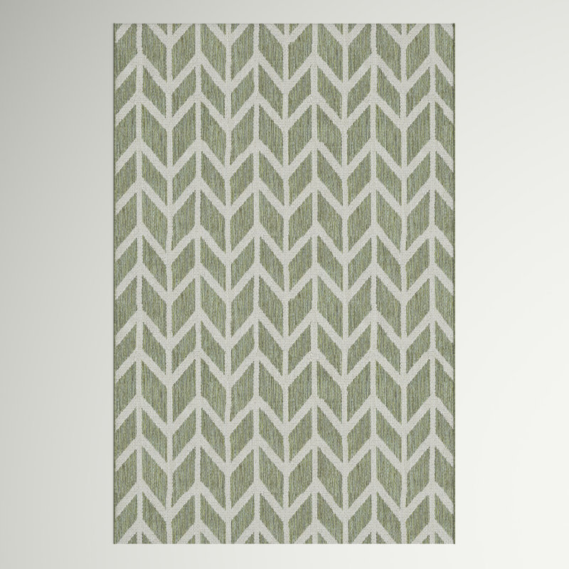Matthes Chevron Sage Green Champagne Indoor Outdoor Area Rug, Rectangle 7'6" x 10'9"