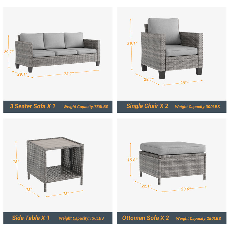 Patio Outdoor Furniture Set Rattan Coversation Seating Set Thickening Cushions With 3-Seater, Ottomans for Lawn, Poolside