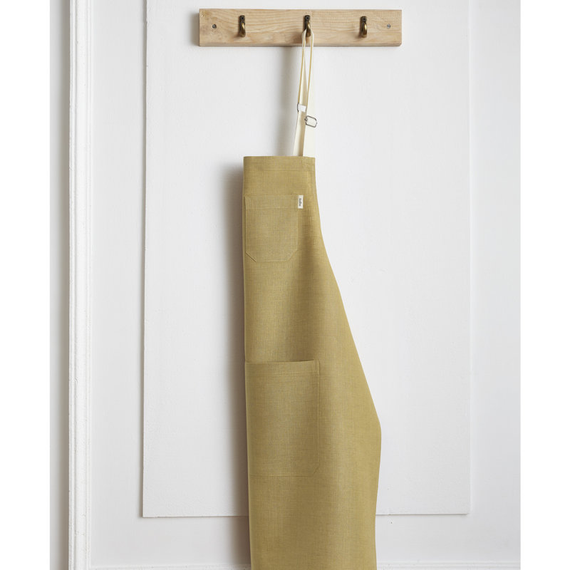 Classic Linen Bib Apron - 100% Pure Linen Apron, Mustard Gold/Ivory