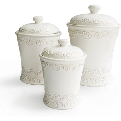 Bianca Scroll Canisters, White, Set Of 3