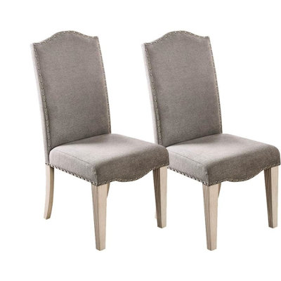 De 2 chaises transitionnelles, tissu blanc et gris antique, dossier chameau, pieds cannelés, chaise rembourrée, chaise de salle à manger, transitionnelle, gris, chaise en tissu, siège