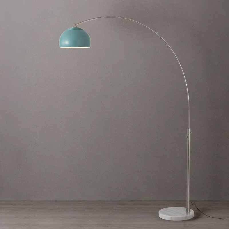 Lampe à arc demi-dôme 92 po - nickel satiné, base en marbre blanc, abat-jour en acier bleu demi-dôme pour piscine, à intensité variable, ampoule incluse