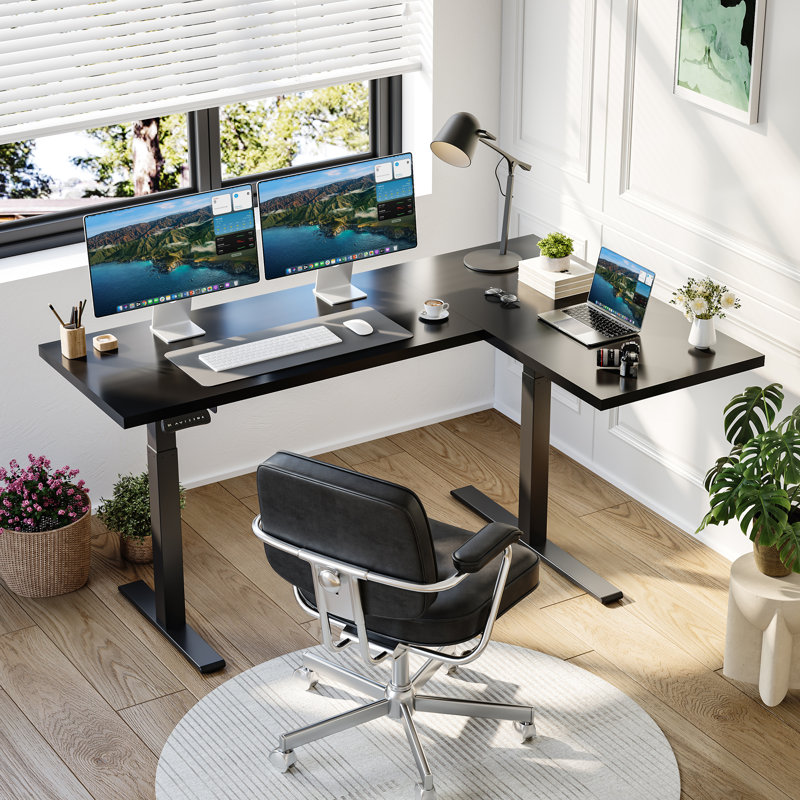 L-Shaped Home Office Height Adjustable Standing Desk, Black/Black, 47.2" H x 63" W x 39.4" D