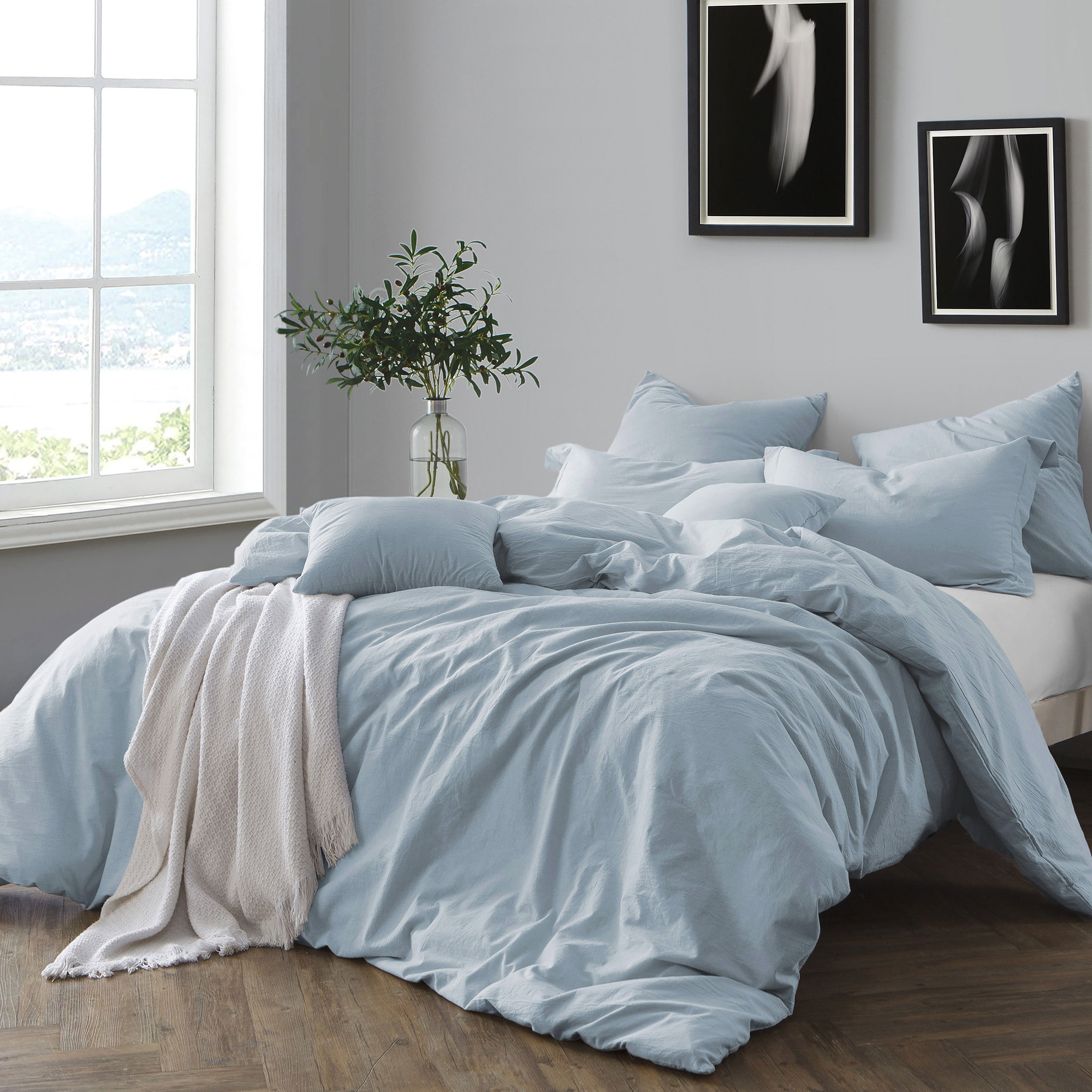 100% Cotton Crinkle Washed Duvet Cover Set, Chambray Blue, King/Cal. King Duvet Cover + 2 Shams
