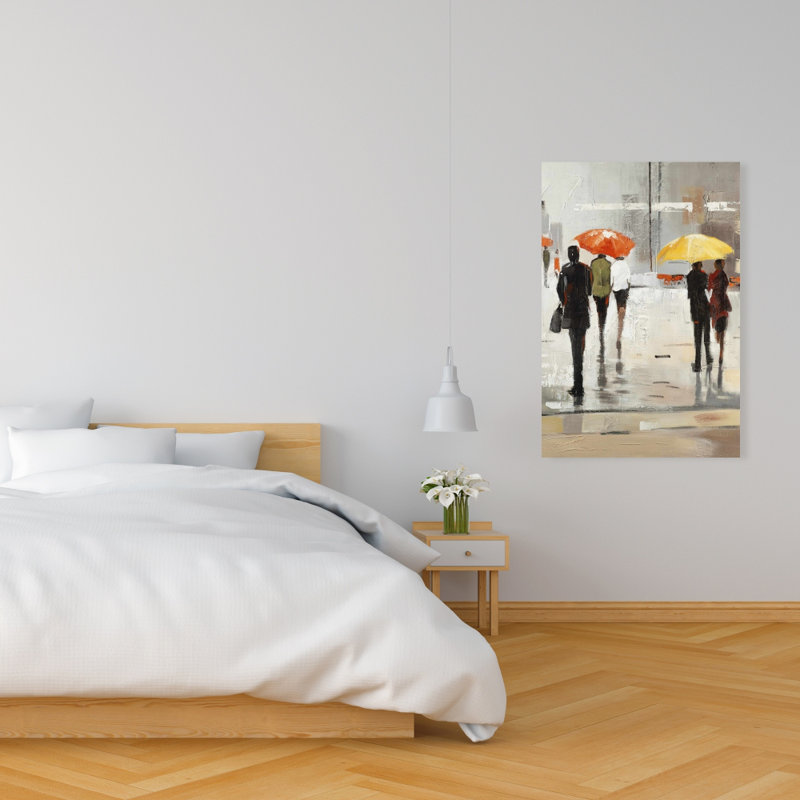 Abstrait «Passersby with Umbrellas», art sur toile brun