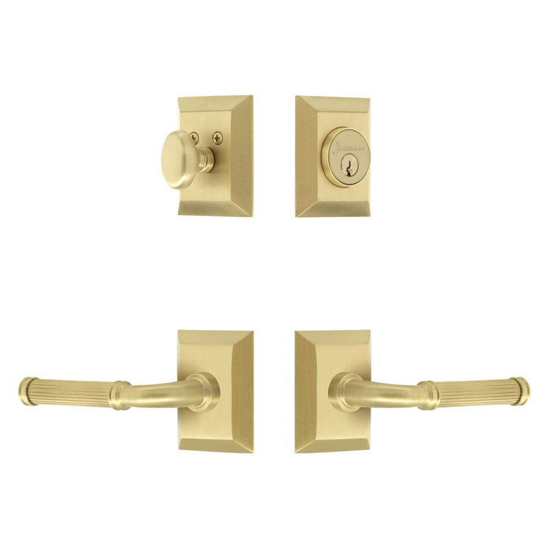 Fifth Avenue Square Rosette Complete Entry Set with Single Cylinder Deadbolt and Soleil Lever, Left Handed, 2.375"