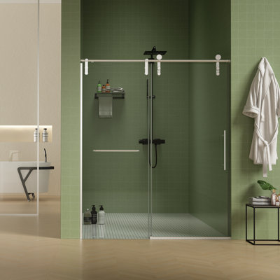 Porte de douche sans cadre de 56 à 60 po x H 70 po, porte de douche coulissante, cabine de douche en verre trempé épais de 5/16 po (8 mm) de qualité supérieure avec barre à serviettes, couche facile à nettoyer sur les deux côtés, finition nickel brossé avec tampon