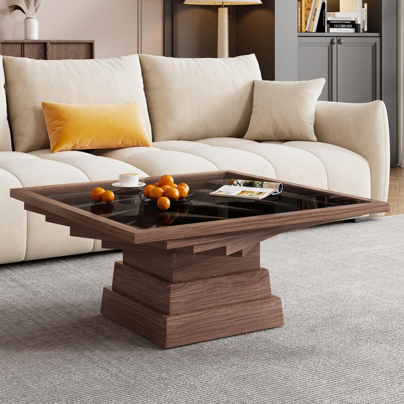 Table basse en verre, table basse en bois de noyer avec base design, table d'appoint centrale pour le salon et le bureau