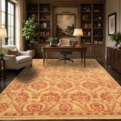 Tapis transitionnel rose en laine noué à la main 7 pi 8 po x 9 pi 9 po Oushak