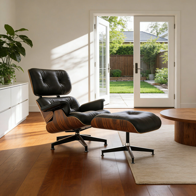 Leather Lounge Chair With Ottoman, Solid Wood Frame, Aluminum Alloy Base, Orangewood/Black