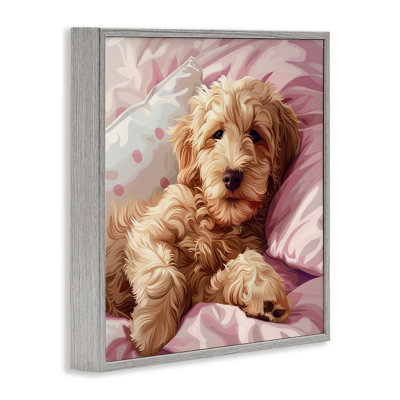 Sleepy Labradoodle in Bed Framed Giclee Art by Jim Baldwin
