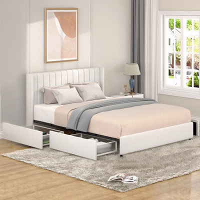Structure de lit plateforme tapissier Queen Boucle, rangement, 4 tiroirs