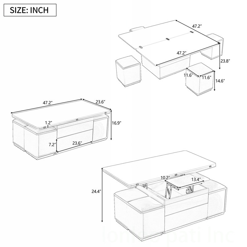 Multi - Functional Lift - Top Coffee Table Set with 4 Storage Stools, Ideal for Space - Saving and Versatile Living Room Use