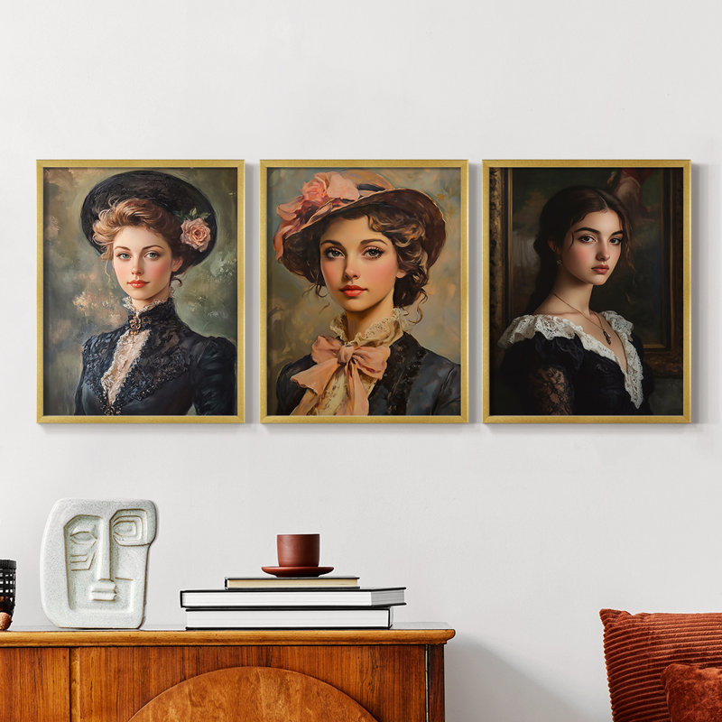 Série féminine LVI - Ensemble de 3 estampes numériques encadrées - Prêt à être accroché, H 14 po x l 33 po, Or
