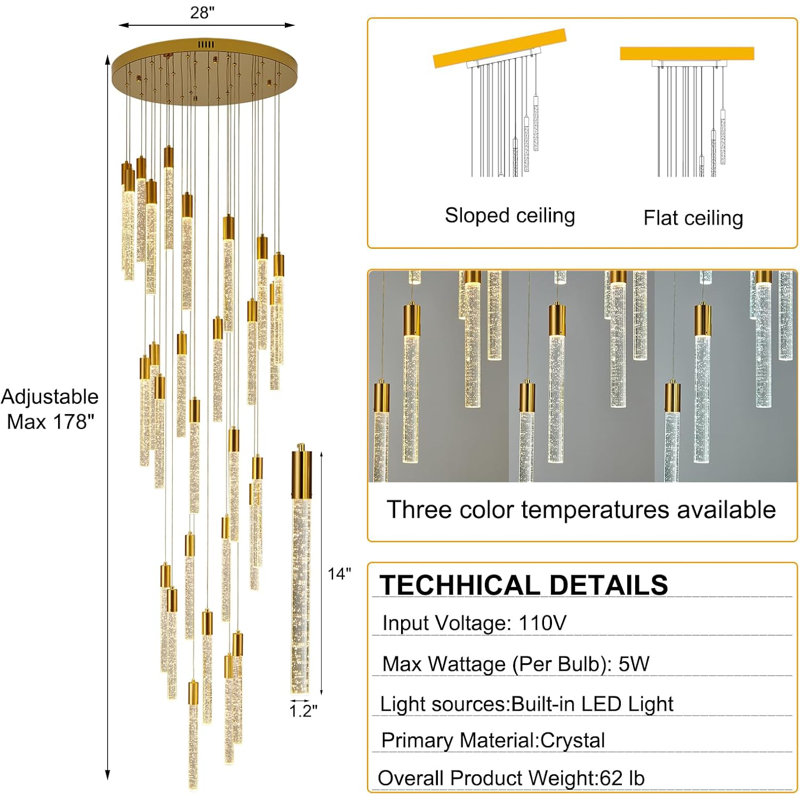 Lustre moderne en cristal avec 28 lumières DEL, hauteur réglable, intensité variable, plafonnier encastré pour vestibule, vestibule, salon