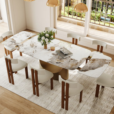 63-95" Extendable Modern White Dining Table for 4-10, Glossy Faux Marble Table with Bronze Moon Steel Leg