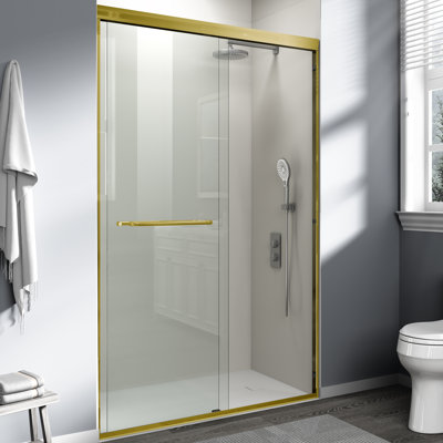Porte de douche coulissante double de 44 à 48 po x H 72 po Porte de douche coulissante semi-sans cadre avec film anti-déflagrant en verre trempé de la collection SGCC, 2 barres à serviettes pour la salle de bain, Or brossé