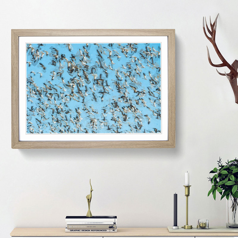 Snow Geese in Flight in Abstract - Picture Frame Graphic Art Print, 27cm H x 36cm W x 2cm D, Oak Framed
