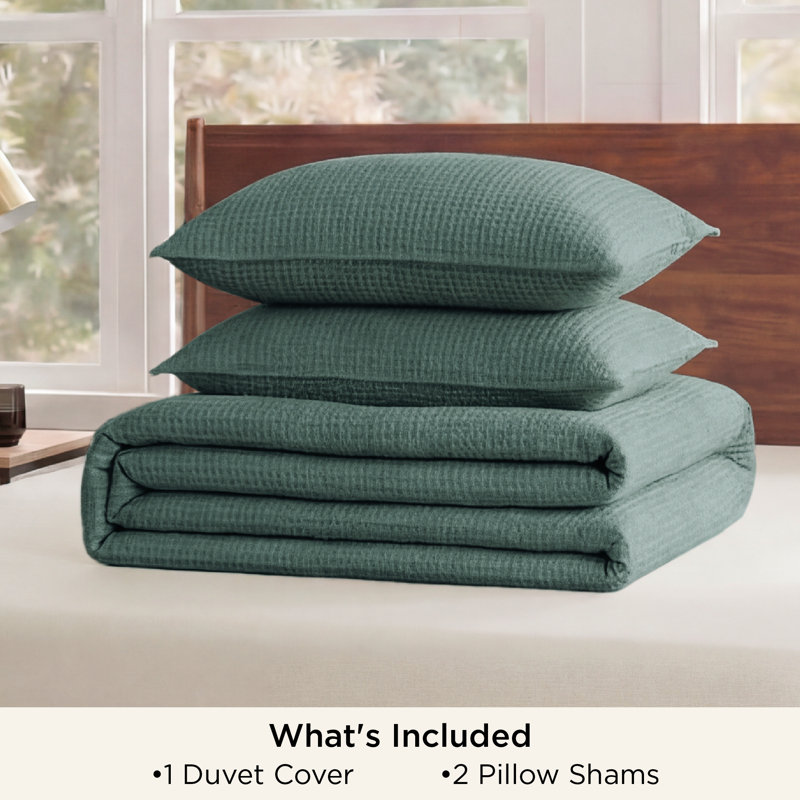 Essential Collection 100% Cotton Waffle Weave Duvet Cover Set, Queen Duvet Cover + 2 Standard Shams, Forest Green